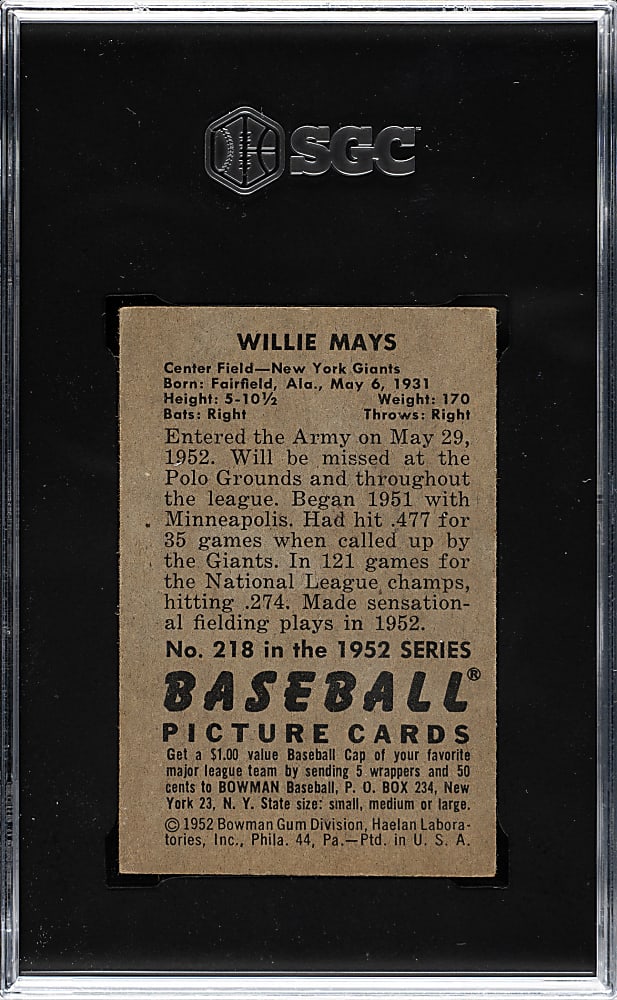 1952 Bowman #218 Willie Mays SGC VG 3