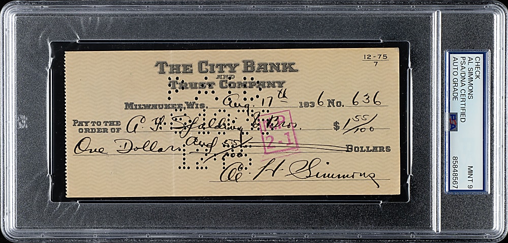 1936 Al Simmons Signed Check PSA/DNA MINT 9