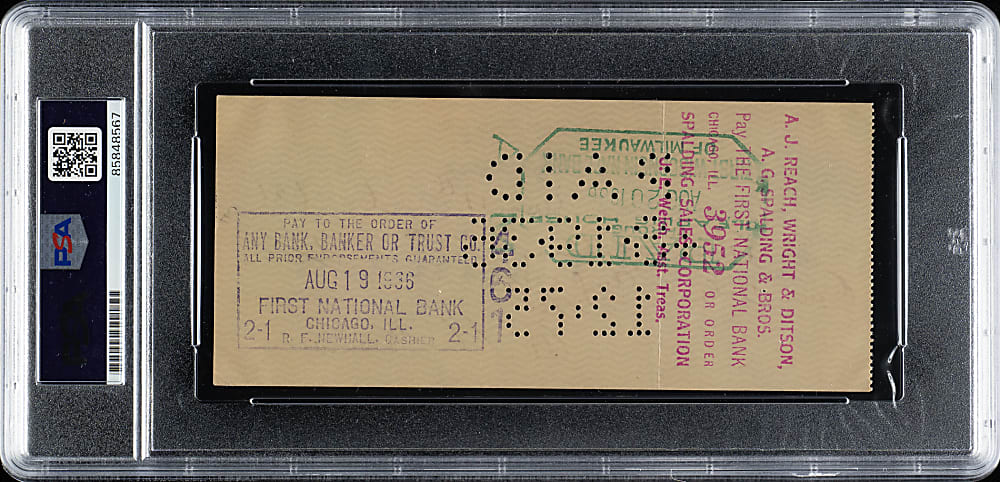 1936 Al Simmons Signed Check PSA/DNA MINT 9