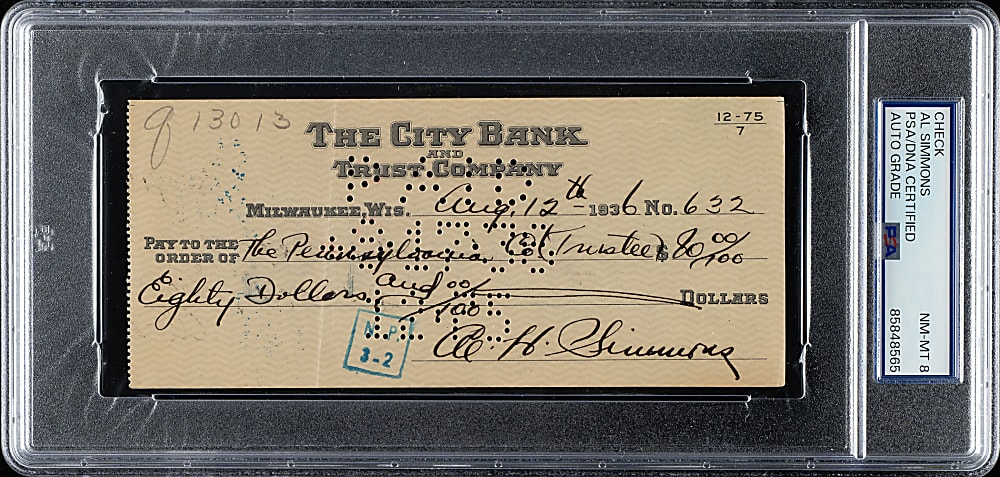 1936 Al Simmons Signed Check PSA/DNA NM-MT 8