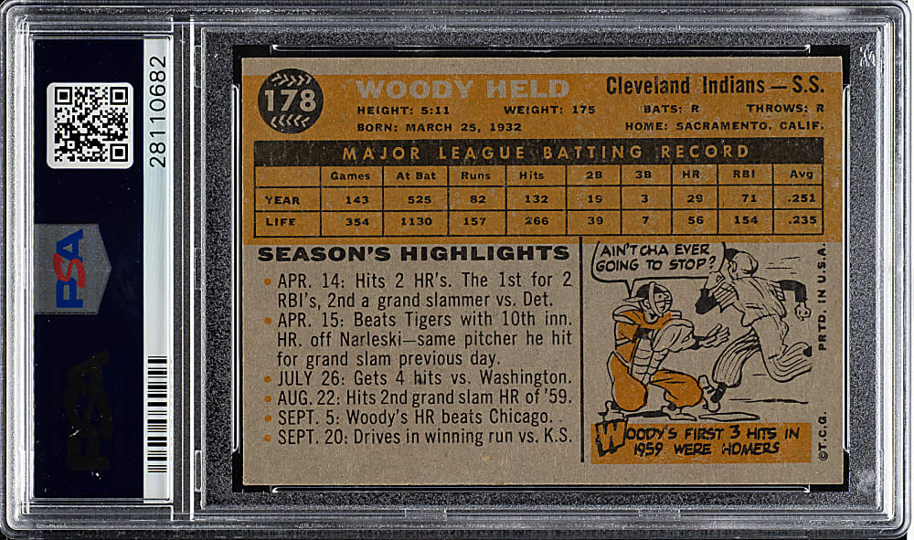 1960 Topps #178 Woody Held PSA MINT 9