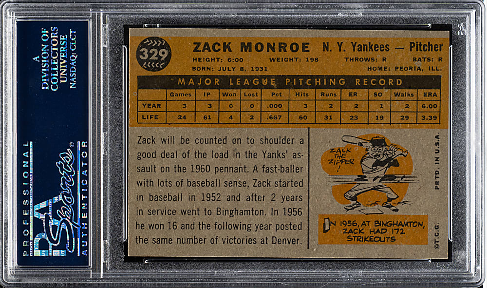 1960 Topps #329 Zack Monroe PSA MINT 9