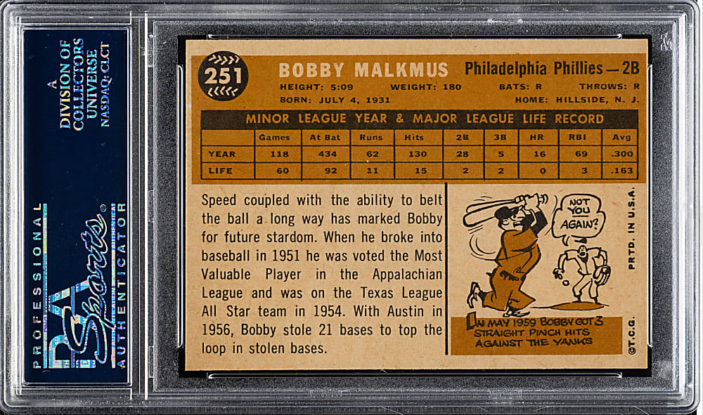 1960 Topps #251 Bobby Malkmus PSA MINT 9