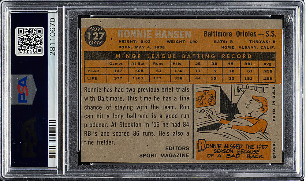 1960 Topps #127 Ronnie Hansen PSA MINT 9