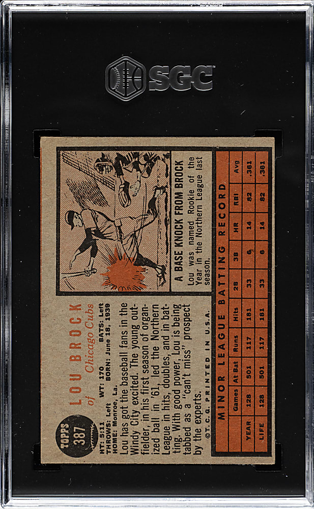 1962 Topps #387 Lou Brock Rookie SGC VG+ 3.5