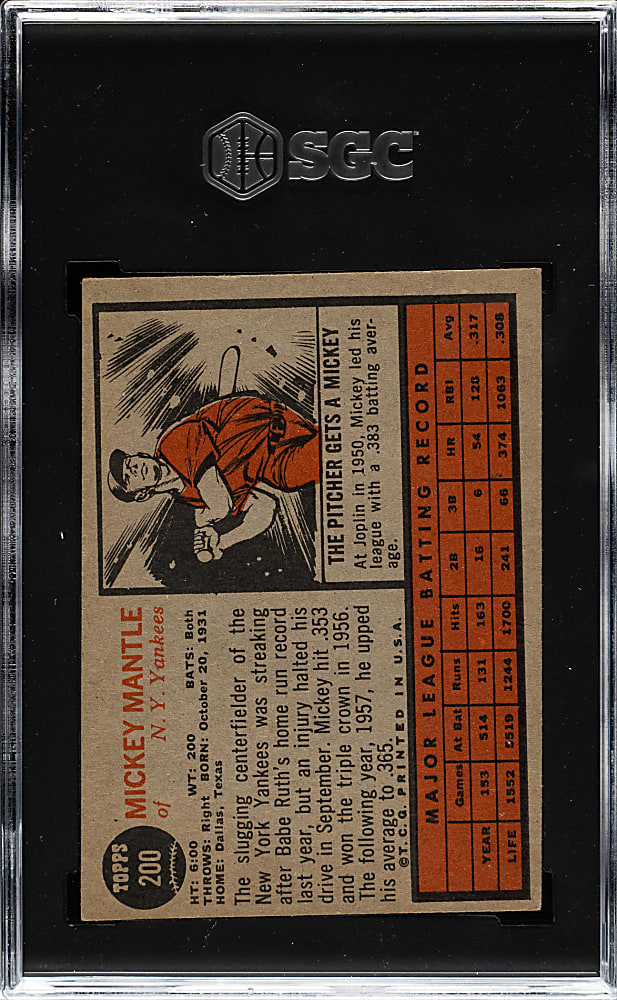 1962 Topps #200 Mickey Mantle SGC VG 3