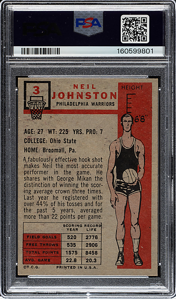 1957-1958 Topps Basketball #3 Neil Johnston Rookie PSA EX 5