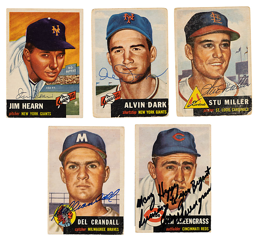 Signed 1953 Topps Collection (9) Including Bob Feller, Red Schoendienst, and Enos Slaughter