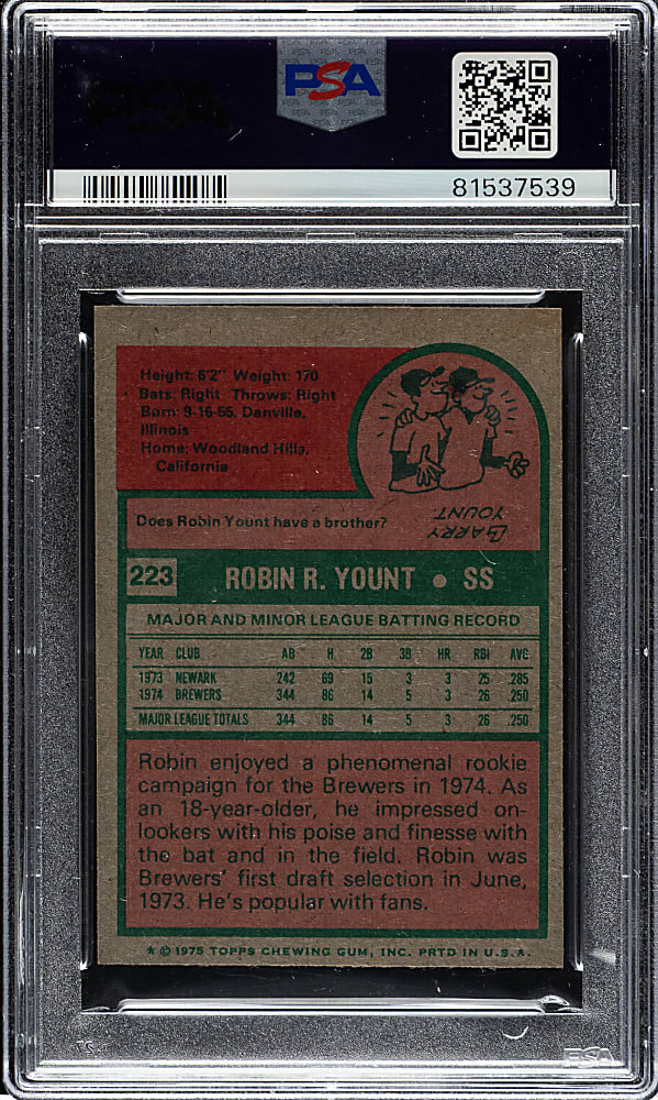 Signed 1975 Topps Mini #223 Robin Yount Rookie PSA EX-MT 6 with NM-MT 8 Signature