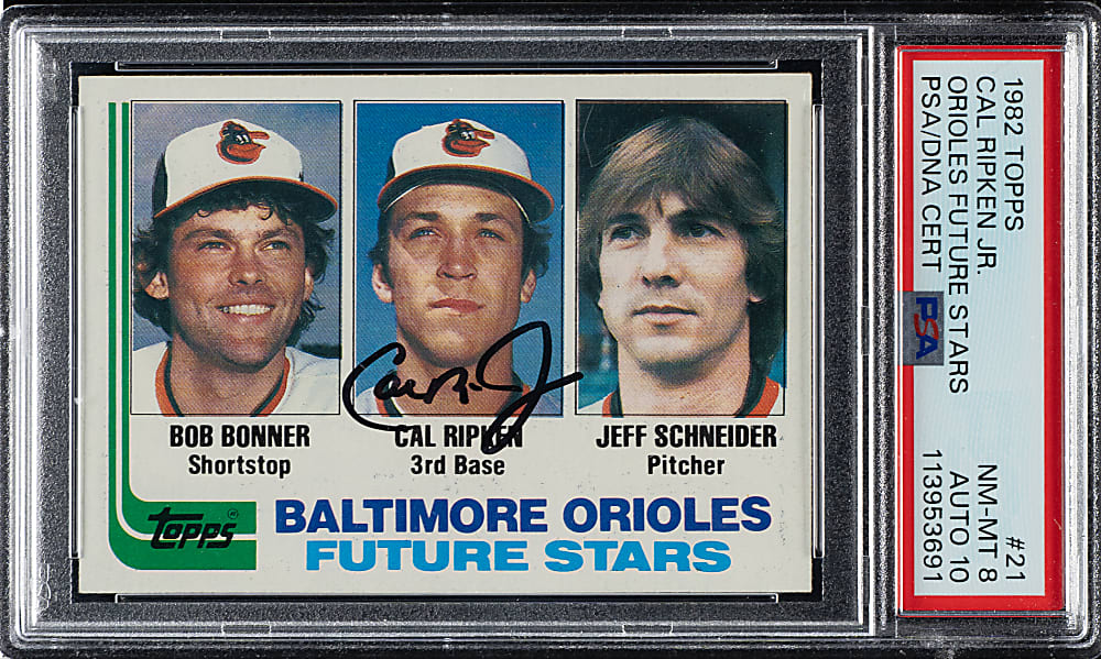Signed 1982 Topps #21 Cal Ripken Jr. Rookie PSA NM-MT 8 with GEM MINT 10 Signature