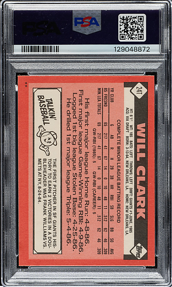 Signed 1986 Topps Traded #24T Will Clark PSA NM-MT 8 with GEM MINT 10 Signature