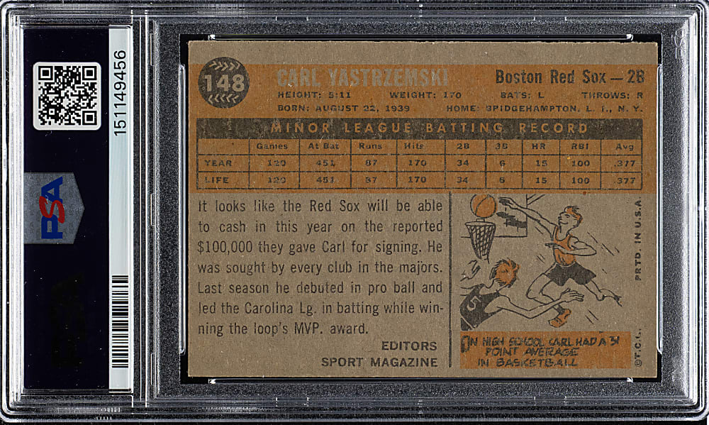Signed 1960 Topps #148 Carl Yastrzemski Rookie PSA VG-EX 4 with GEM MINT 10 Signature