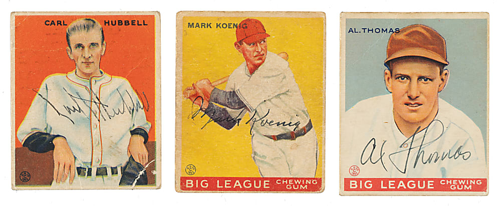 Signed 1933 R319 Goudey Trio: Carl Hubbell, Mark Koenig, and Al Thomas