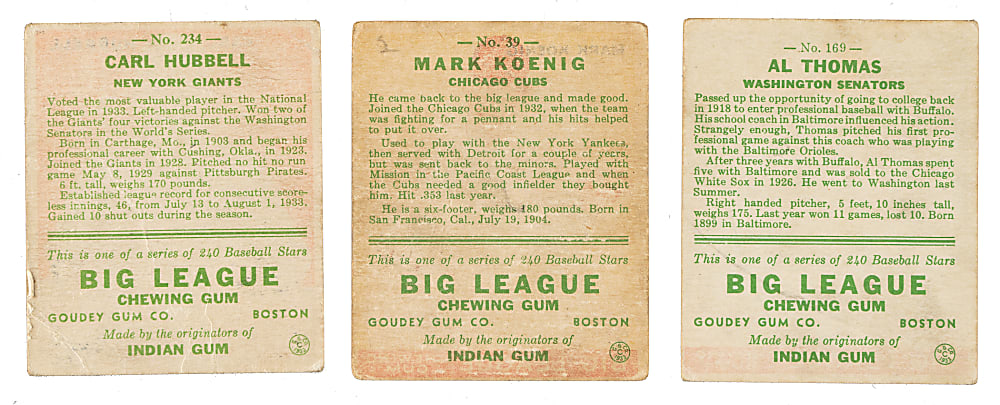 Signed 1933 R319 Goudey Trio: Carl Hubbell, Mark Koenig, and Al Thomas
