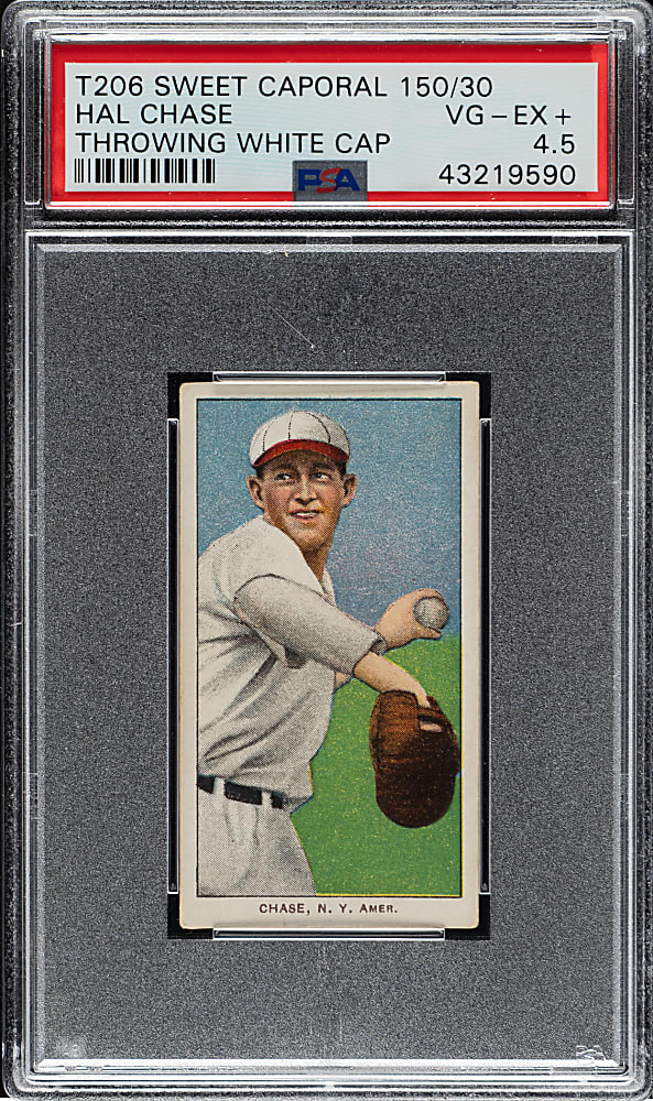 1909-1911 T206 White Border Hal Chase Throwing Dark Cap PSA VG-EX+ 4.5