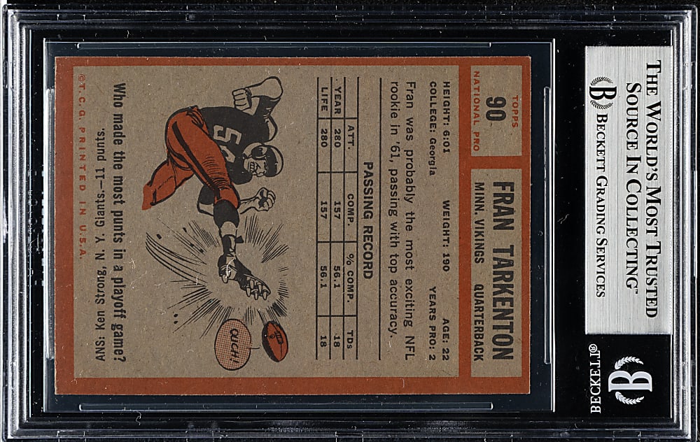 1962 Topps Football #90 Fran Tarkenton Rookie BGS EX 5