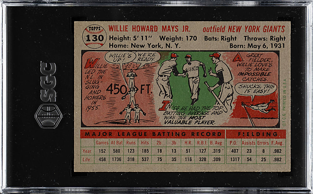 1956 Topps #130 Willie Mays Gray Back SGC VG/EX+ 4.5