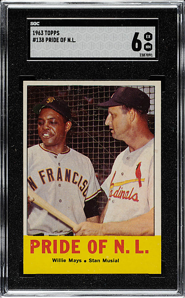 1963 Topps #138 Pride of N.L. with Willie Mays and Stan Musial SGC EX/NM 6