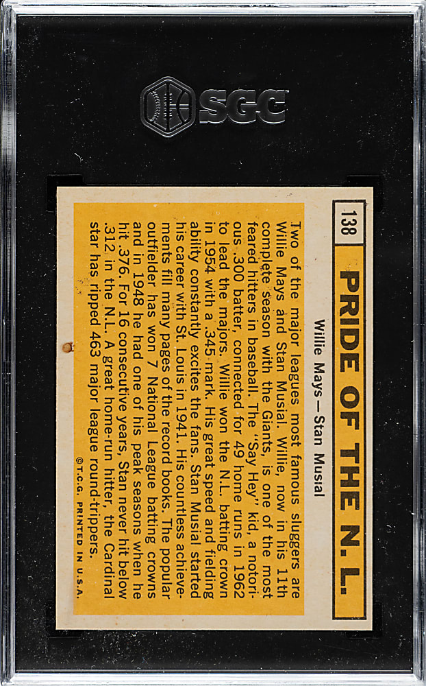 1963 Topps #138 Pride of N.L. with Willie Mays and Stan Musial SGC EX/NM 6