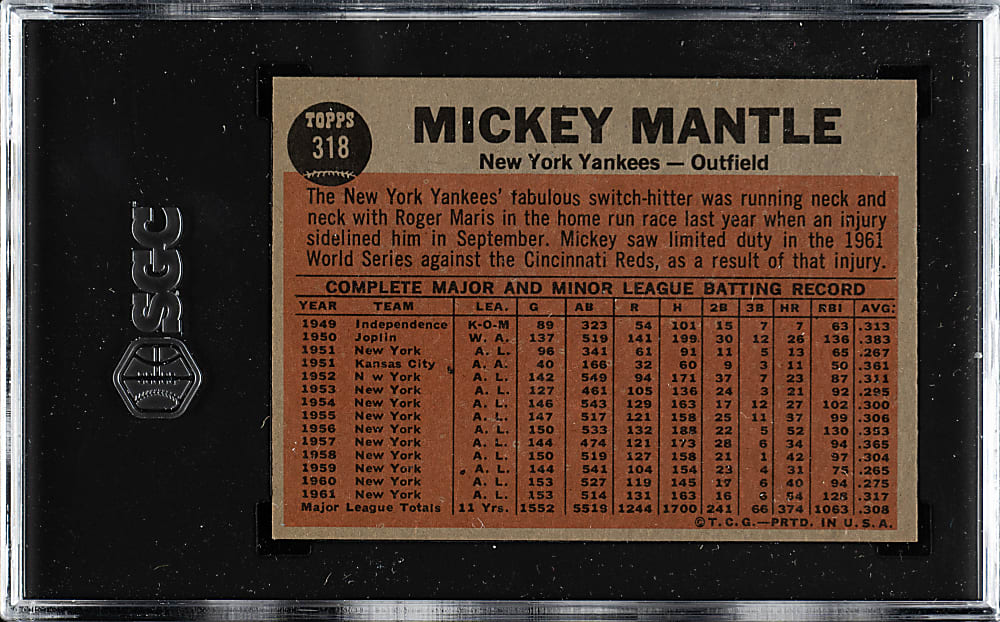 1962 Topps #318 The Switch Hitter Connects with Mickey Mantle SGC EX/NM+ 6.5