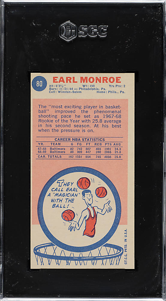 1969-1970 Topps Basketball #80 Earl Monroe Rookie SGC EX/NM 6