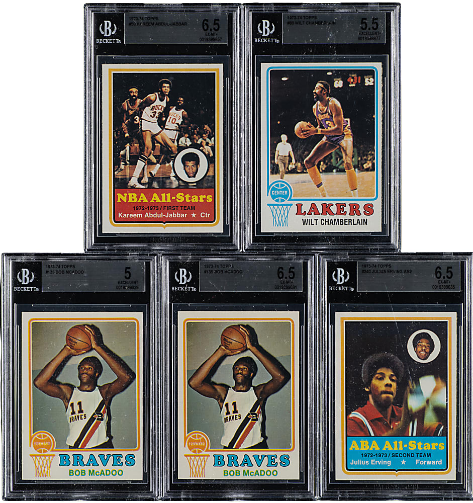 1973-1974 Topps Basketball Hall of Fame BVG-Graded Collection (5) Including Kareem Abdul-Jabbar, Wilt Chamberlain, and Bob McAdoo Rookie