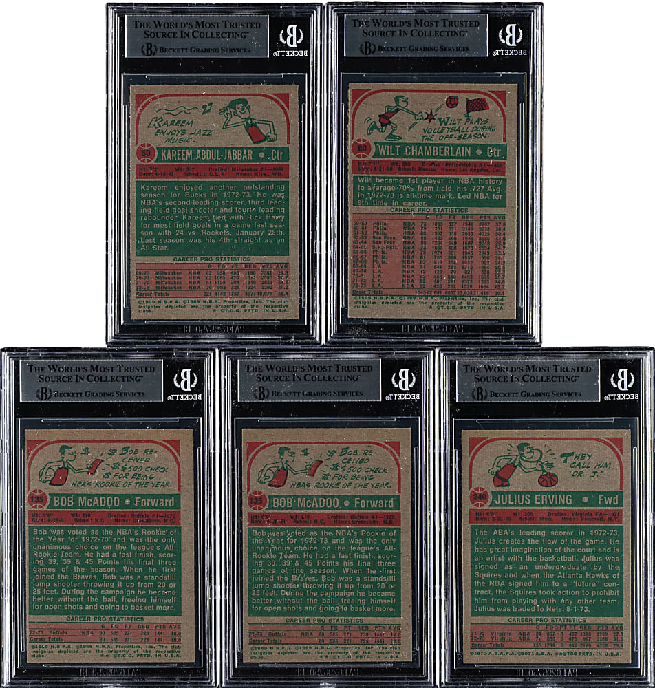 1973-1974 Topps Basketball Hall of Fame BVG-Graded Collection (5) Including Kareem Abdul-Jabbar, Wilt Chamberlain, and Bob McAdoo Rookie