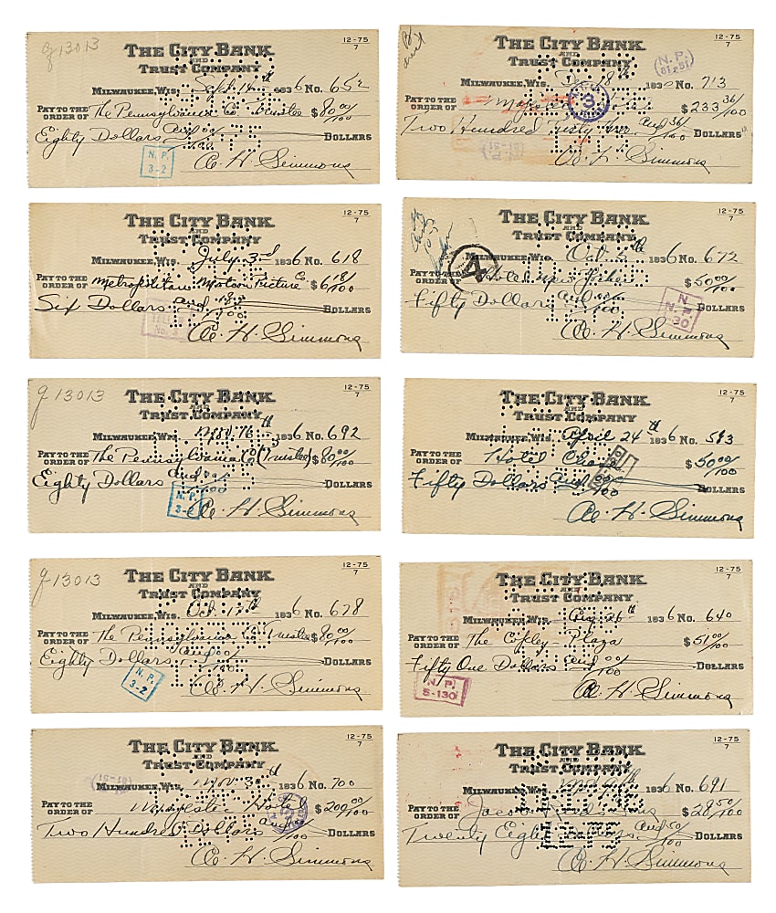 1936 Al Simmons Signed Check Collection (10)