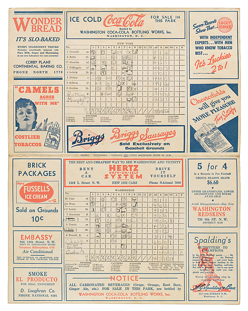 1938 Washington Senators (vs. New York Yankees) Scorecard with Lou Gehrig and Joe DiMaggio in Lineup