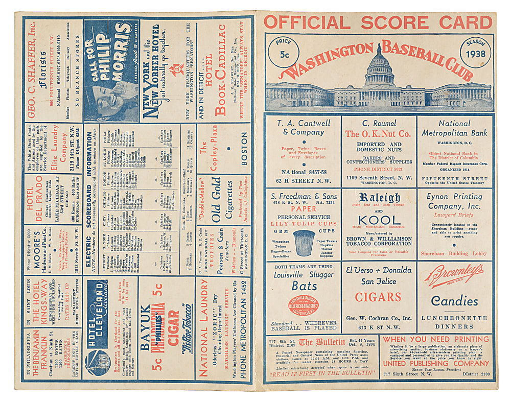 1938 Washington Senators (vs. New York Yankees) Scorecard with Lou Gehrig and Joe DiMaggio in Lineup