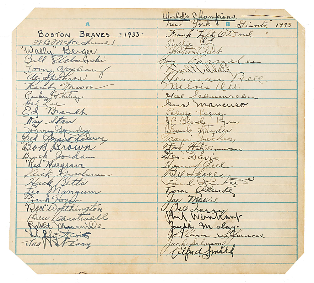 1933 Boston Braves and New York Giants World Champions Multi-Signed Sheet Including Mel Ott, Carl Hubbell, and Bill McKechnie  - JSA