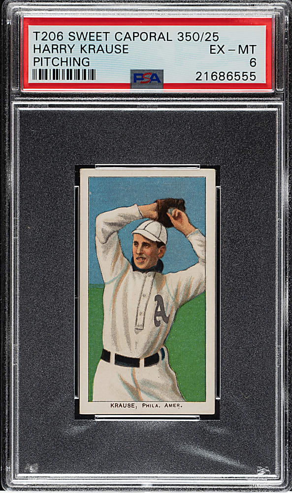 1909-1911 T206 White Border Harry Krause Pitching PSA EX-MT 6