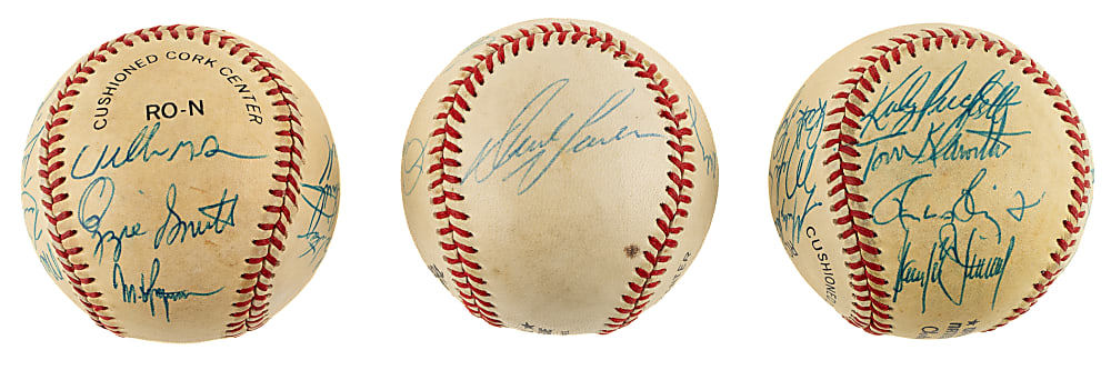St. Louis Cardinals, Cincinnati Reds, and Minnesota Twins Team-Signed Baseball Trio Including Dave Parker, Kirby Puckett, and Ozzie Smith
