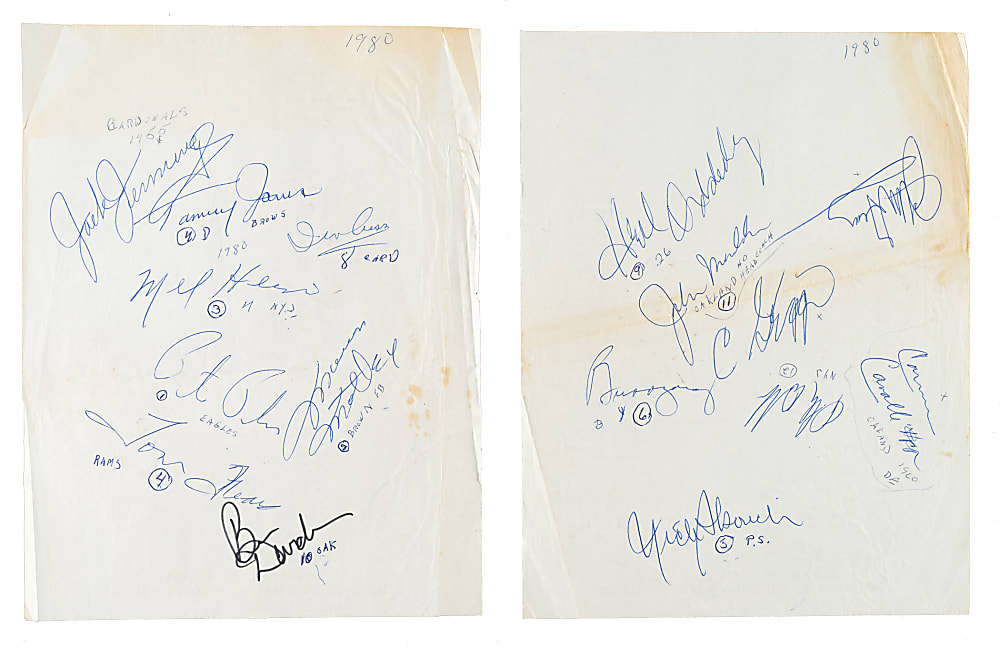 Signed Football Hall of Fame and Star Collection on Two Souvenir Yearbooks and Two Sheets (27 Total Signatures)