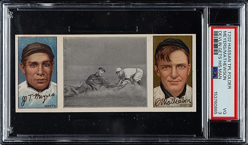 1912 T202 Hassan Triple Folder "Devlin Gets His Man" Christy Mathewson/Meyers PSA VG 3