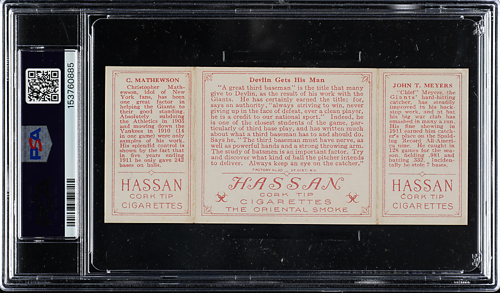 1912 T202 Hassan Triple Folder "Devlin Gets His Man" Christy Mathewson/Meyers PSA VG 3