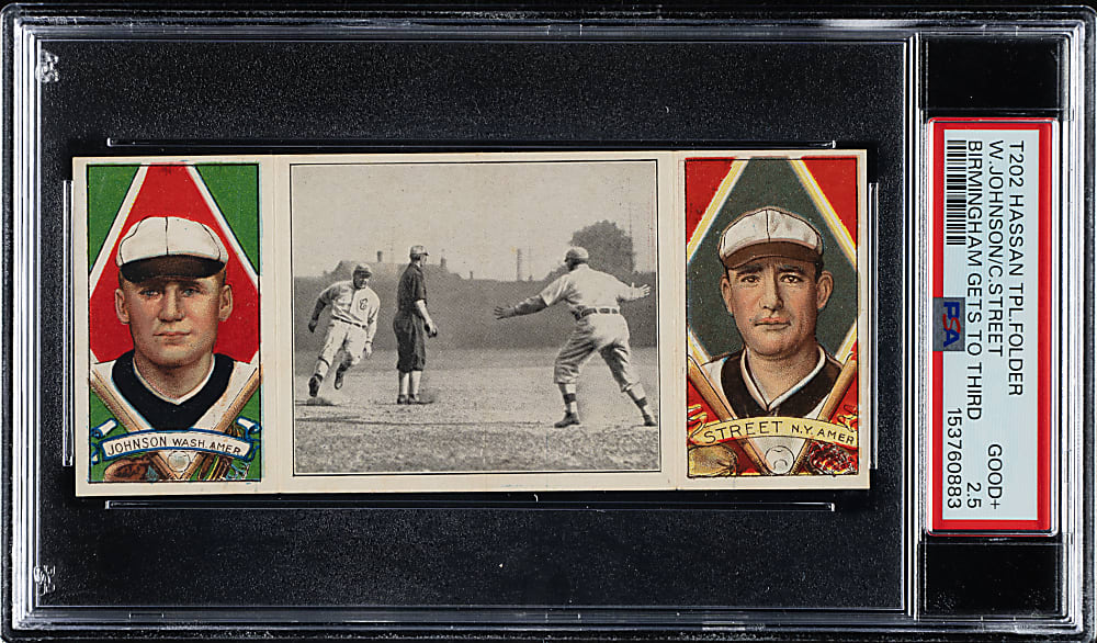 1912 T202 Hassan Triple Folder "Birmingham Gets To Third" Walter Johnson/Street PSA GOOD+ 2.5