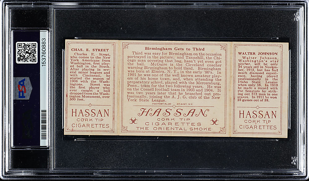 1912 T202 Hassan Triple Folder "Birmingham Gets To Third" Walter Johnson/Street PSA GOOD+ 2.5