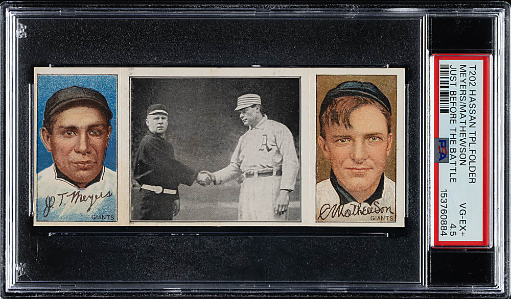 1912 T202 Hassan Triple Folder "Just Before The Battle" Christy Mathewson/Meyers PSA VG-EX+ 4.5