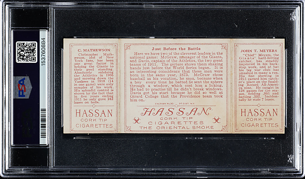 1912 T202 Hassan Triple Folder "Just Before The Battle" Christy Mathewson/Meyers PSA VG-EX+ 4.5