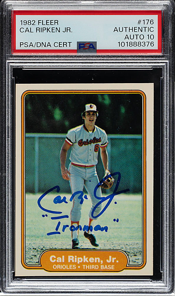 Signed 1982 Fleer #176 Cal Ripken Jr. Rookie with "Ironman" Inscription PSA/DNA GEM MINT 10
