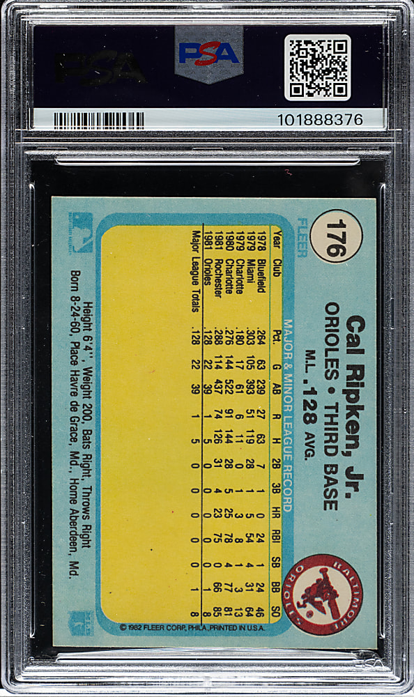 Signed 1982 Fleer #176 Cal Ripken Jr. Rookie with "Ironman" Inscription PSA/DNA GEM MINT 10