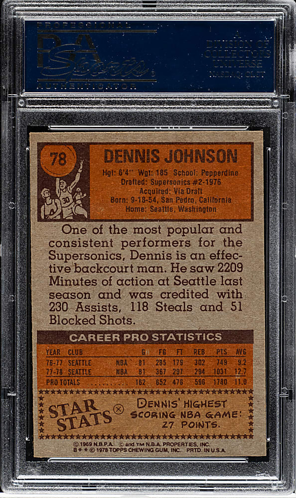 1978-1979 Topps Basketball #78 Dennis Johnson Rookie PSA GEM MINT 10