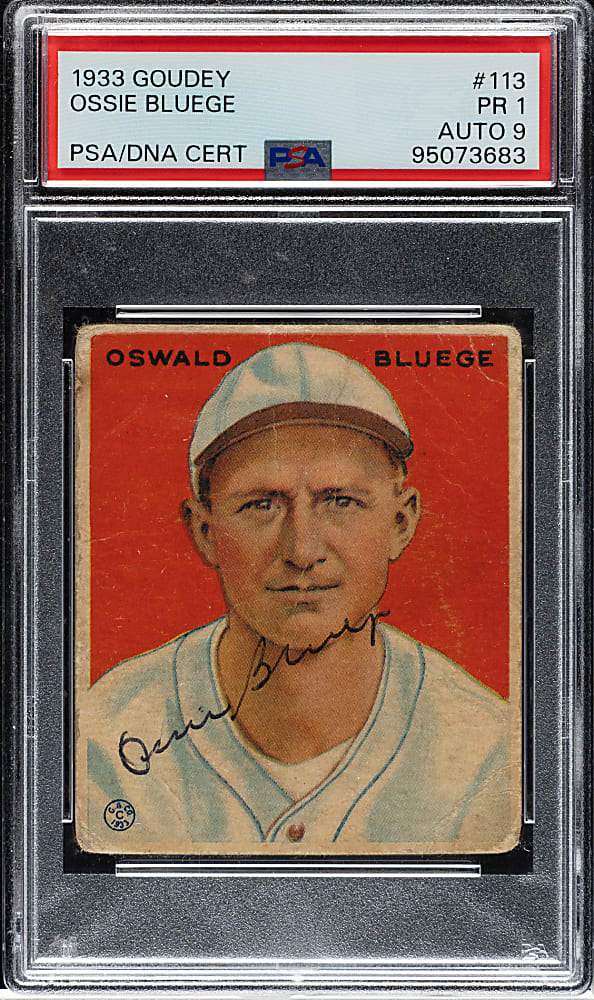 Signed 1933 R319 Goudey #113 Oswald Bluege PSA POOR 1 with MINT 9 Signature