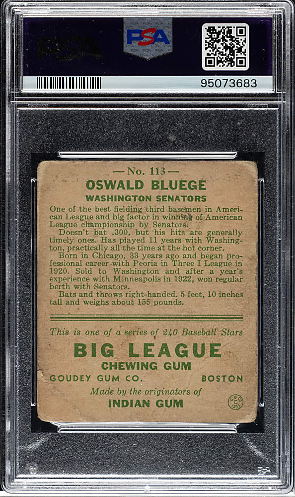 Signed 1933 R319 Goudey #113 Oswald Bluege PSA POOR 1 with MINT 9 Signature