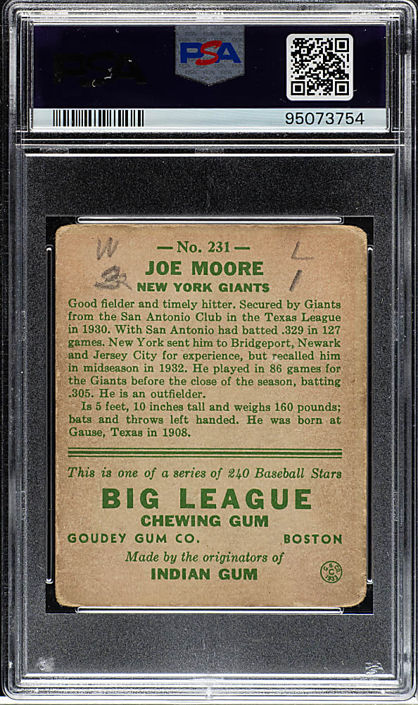 Signed 1933 R319 Goudey #231 Joe Moore PSA/DNA MINT 9