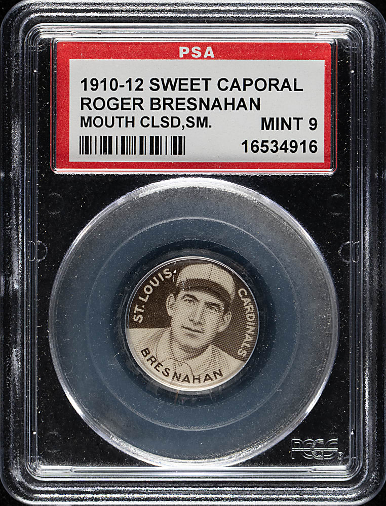 1910-1912 P2 Sweet Caporal Pins Roger Bresnahan Mouth Closed Small Letters PSA MINT 9
