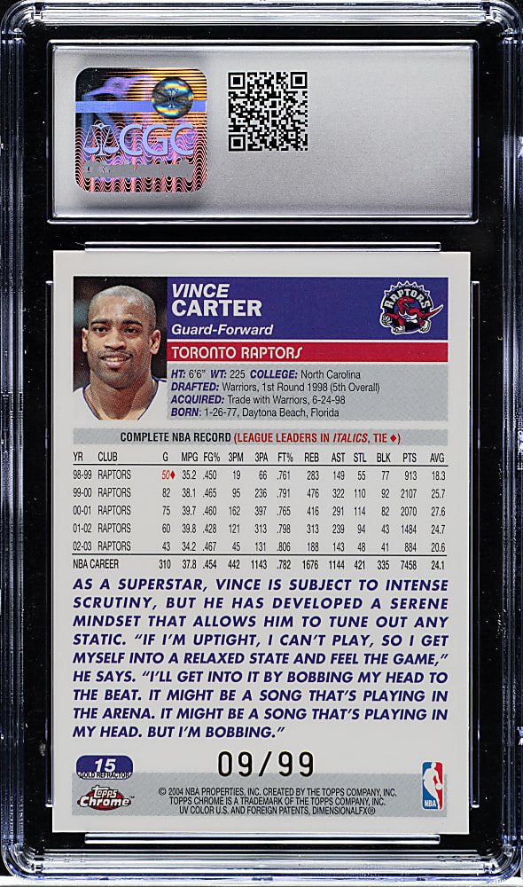 2003-2004 Topps Chrome Basketball #15 Vince Carter Gold Refractor #9/99 CGC MINT 9