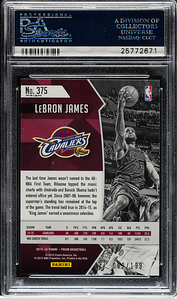 2015-2016 Panini Prizm Basketball #375 LeBron James Light Blue Prizm #62/199 PSA GEM MINT 10