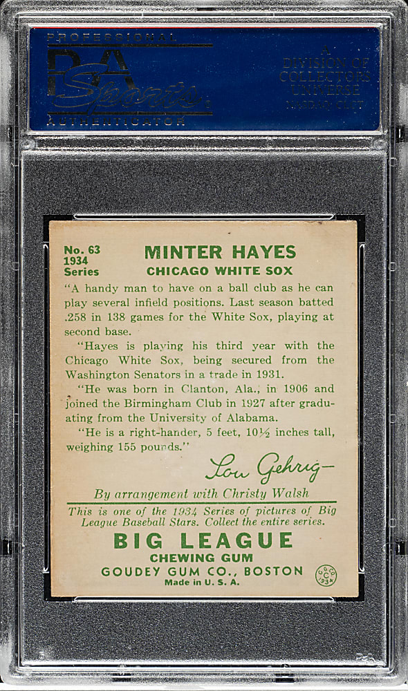 1934 R320 Goudey #63 Minter Hayes PSA EX-MT 6